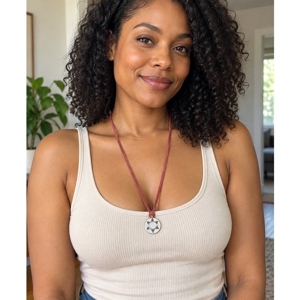 Reddish-Pink Suede Cord Necklace with Silver Sun Pendant
